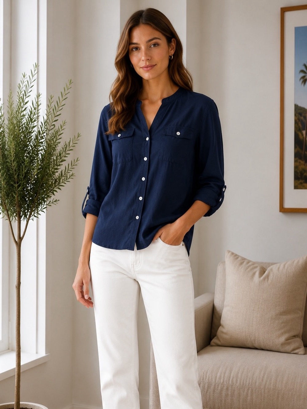 Isaac Mizrahi 100% Linen Navy Blue Button Down Shirt Roll Up Sleeves size M